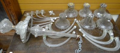 VENETIAN CLEAR GLASS SIX-LIGHT CHANDELIER with bell shaped shades and candle holders, acanthus