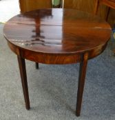 EDINBURGH GEORGE III MAHOGANY DEMI-LUNE MARQUETRY TEA TABLE folding top with double gate leg action,