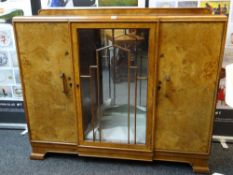 ART DECO BURR WALNUT & WALNUT SIDE CABINET, glazed central door flanking cupboards, 137cms wide