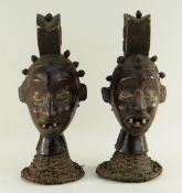 PAIR OF EKOI DANCE HEADDRESSES with arched crests and rattan bases, 39cms high (2) Condition Report: