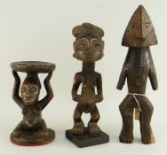 AZANDE FIGURE 30cms high, Hemba figure 24cms high; miniature Luba figural stool 18cms high (3)