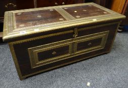 INDIAN BRASS MOUNTED HARDWOOD CHEST with brass clasp, 91cms wide