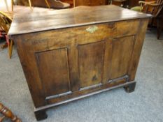 18TH CENTURY TALL OAK COFFER plank top and panelled front, 98 x 59 x 84cms