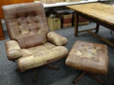 MOBEL (SWEDEN) BROWN LEATHER SWIVEL ARMCHAIR & MATCHING STOOL Condition Report: leather worn all