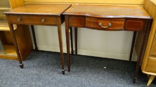 TWO EDWARDIAN CHECKER STRUNG MAHOGANY OCCASIONAL TABLES, both fitted with frieze drawers, one with