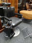 VINTAGE CHROME STEEL & SIMULATED LEATHER BARBER'S CHAIR, FOOTSTOOL & BOOSTER SEAT