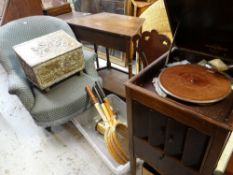 ASSORTED VINTAGE FURNISHINGS including R J Heath Columbia grafonola, 78 records, brass log bin,