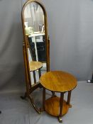 REPRODUCTION CHEVAL MIRROR and a 1920s two-tier circular side table, various measurements
