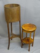 TWO INLAID MAHOGANY PLANT STANDS, 99cms H, 32cms D and 57cms H, 31.5cms Diameter measurements
