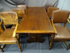 REPRODUCTION OAK REFECTORY TYPE TABLE and six (4 + 2) dining chairs, 74cms H, 167cms L, 75cms W