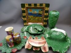 PARCEL OF GREEN LEAF SALAD SERVERS, a lustre trio of vases and other similar pottery