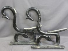 VICTORIAN CAST IRON BENCH ENDS, A PAIR, serpent with pointed tail detail, 79cms H, 76cms max D