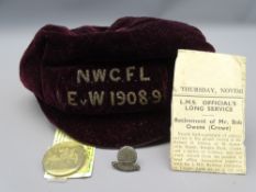 1908-9 FOOTBALL CLUB CAP, two badges and a vintage newspaper article briefly describing the owner'