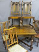 OAK DRAW LEAF DINING TABLE and three highback dining chairs, all with barley twist supports, along