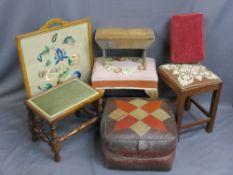 VINTAGE FOOTSTOOLS, pouffe and an embroidered panel firescreen, various measurements