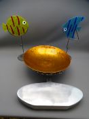 ART FORM BOWL ON STAND, two glass fish on stands and a stylized aluminium vase