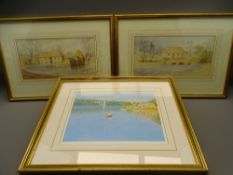 PAIR OF FRAMED WATERCOLOURS - riverside farmhouses, 15 x 29cms, unsigned, STEVEN JONES limited