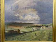 J OSBORN oil on canvas - landscape and farm buildings under a menacing sky, signed lower left, 63