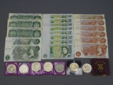 PARCEL OF COMMEMORATIVE CROWNS, a Festival of Britain crown and a parcel of English bank notes -
