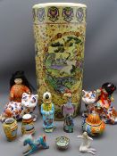 PORCELAIN ART DECO STYLE NUDE SEATED LADY, Imari style cats, a pair, and other Oriental type ware