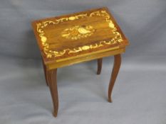 ITALIAN INLAID MUSICAL WORK TABLE, 43cms H, 36.5cms W, 27.5cms D