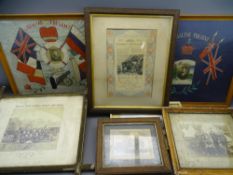 TWO LARGE FRAMED SILKS titled 'Gibraltar Present', early military photographs and a group image of