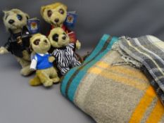 TWO VINTAGE WOOLLEN BLANKETS and a collection of soft toy meerkat figurines