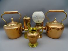 VINTAGE & LATER COPPERWARE to include two copper kettles, one having acorn lid knop, a brass and