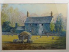 JOHN BUFF pastel - study of a country farmhouse with sheep feeding to the foreground, 38.5 x 54.