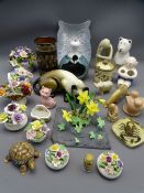 CARVED SOAPSTONE ANIMALS & FIGURINES, Aynsley, Coalport and other ceramic floral decorations ETC