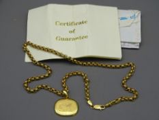 EIGHTEEN CARAT GOLD LINK NECK CHAIN, 37grms together with an oval gold pendant, 21grms (with