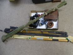 VINTAGE FISHING RODS & REELS, 8x40 binoculars, brass bound lidded Victorian box ETC