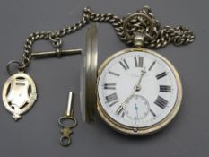 G OWEN & SONS, LLANRWST OPEN FACED SILVER POCKET WATCH and Albert chain with T-bar and fob, key wind