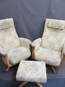 ERCOL LADY'S & GENT'S SWIVEL ARMCHAIRS and matching footstool, 110cms H, 76cms and 81cms W