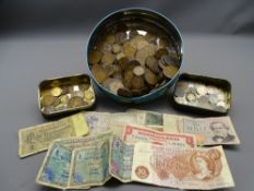 VINTAGE BRITISH & OVERSEAS COINAGE & BANK NOTES, a collection, contained in an old lidded tin