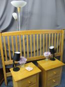 LIGHT OAK BEDROOM FURNITURE comprising headboard, two bedside chests ETC along with two lamps and an