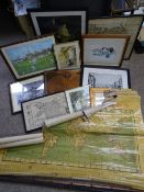 FRAMED VINTAGE MAPS, PICTURES & PRINTS, a quantity