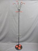 MID-CENTURY RETRO HALL STAND, black and chrome metal with red plastic knobs and drip trays, 177cms