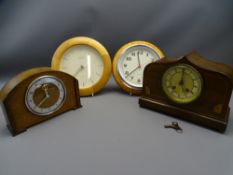 VINTAGE INLAID MAHOGANY CASED MANTEL CLOCK, an oak example and two modern pine effect wall clocks