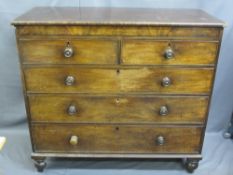 19th CENTURY MAHOGANY CHEST of two short over three long drawers, having turned wooden knobs on