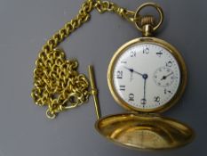 WALTHAM FULL HUNTER POCKET WATCH and Albert chain with T-bar, the case rolled gold, the Albert