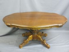 OVAL MODERN COFFEE TABLE on centre pedestal and four scrolled supports, also a pine towel airer