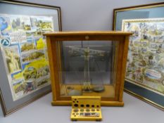 OAK CASED SET OF LABORATORY SCALES and two framed HYWEL HARRIES Welsh historical image prints