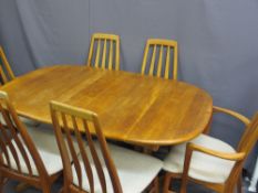 KOEFOEDS DANISH TEAK EXTENDING DINING TABLE and six (four plus two) chairs, 72cms H, 135cms L, 90cms