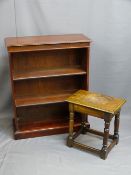 REPRODUCTION MAHOGANY BOOKCASE with an antique style joined oak stool, 92cms H, 75.5cms W, 31cms D