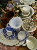 MIXED POTTERY & GLASSWARE including a vintage biscuit barrel with EPNS mounts, Conwy Chapel