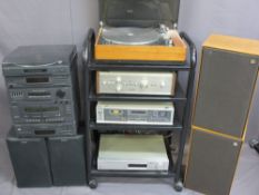 AUDIO ENTERTAINMENT EQUIPMENT, a parcel to include a separates system on a black metal wheeled stand