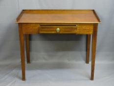 GEORGIAN MAHOGANY THREE QUARTER RAIL SINGLE DRAWER SIDE TABLE on tapering square supports, 76cms