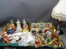 POTTERY & PORCELAIN ORNAMENTAL FIGURINES, a quantity, with a modern porcelain lady table lamp with