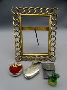 QUANTITY OF MIXED COLLECTABLES including a brass open work photograph frame, hallmarked silver pin